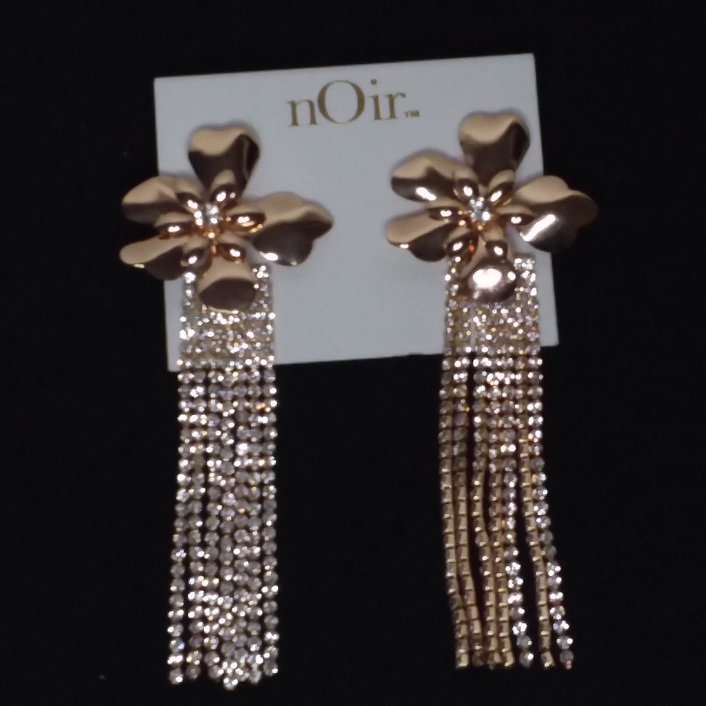 Dangle Pierce Earrings Gold Tone Blossom Clear Rhinestones Noir
